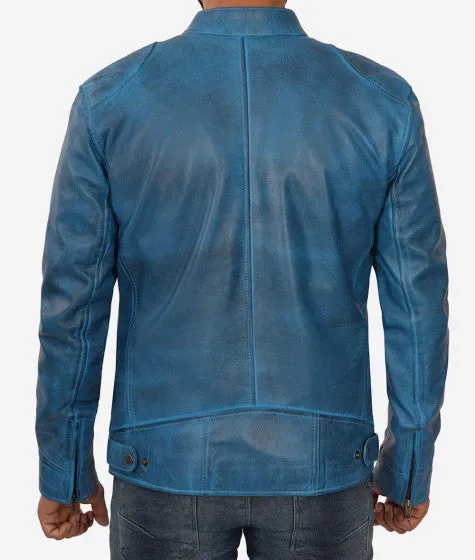 Mens Blue Lambskin Leather Cafe Racer Jacket