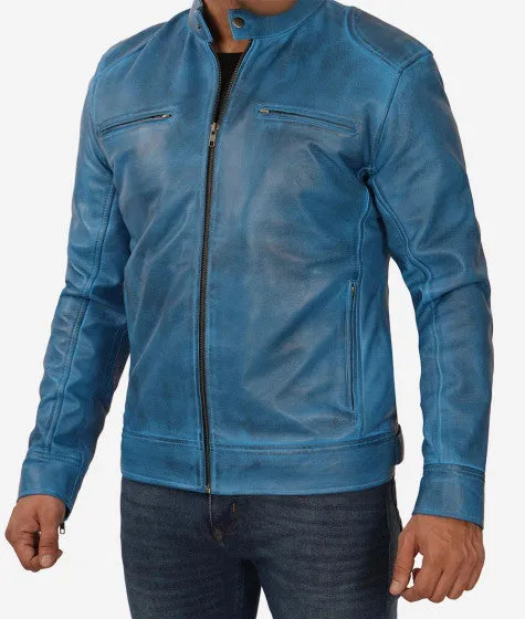 Mens Blue Lambskin Leather Cafe Racer Jacket