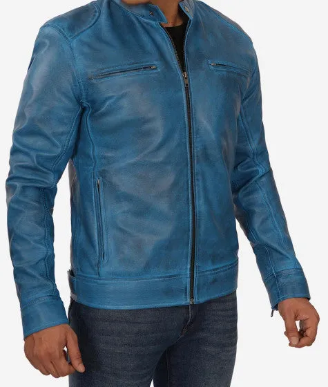 Mens Blue Lambskin Leather Cafe Racer Jacket