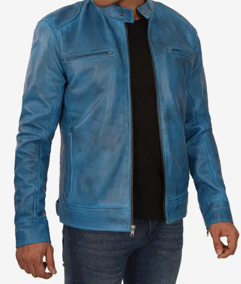 Mens Blue Lambskin Leather Cafe Racer Jacket