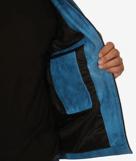 Mens Blue Lambskin Leather Cafe Racer Jacket