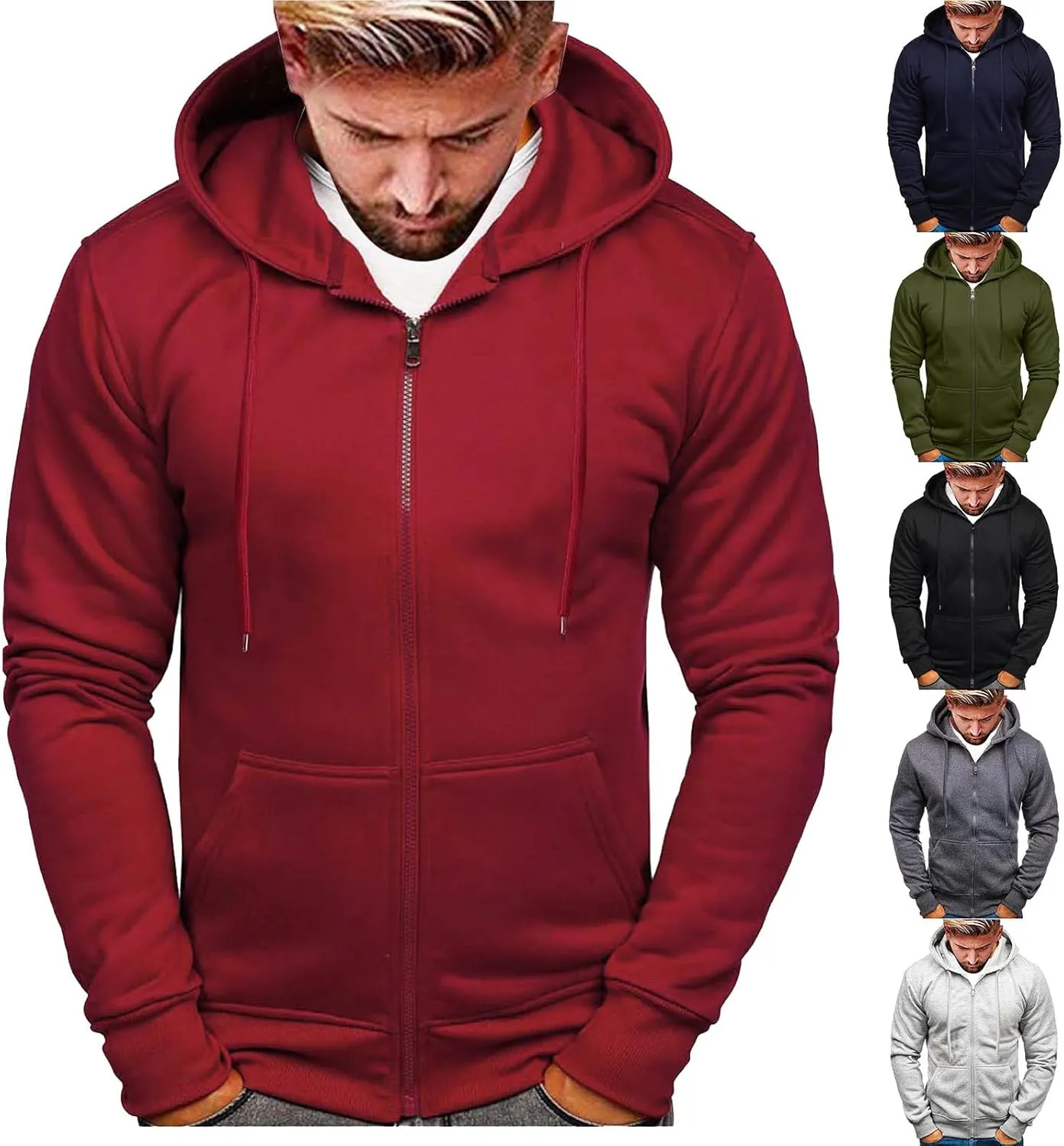Mens Slim Fit Lightweight Zip Up Hoodie with Pockets Long Sleeve Full Zip Hooded Sweatshirt Drawstring Casual Hoodies