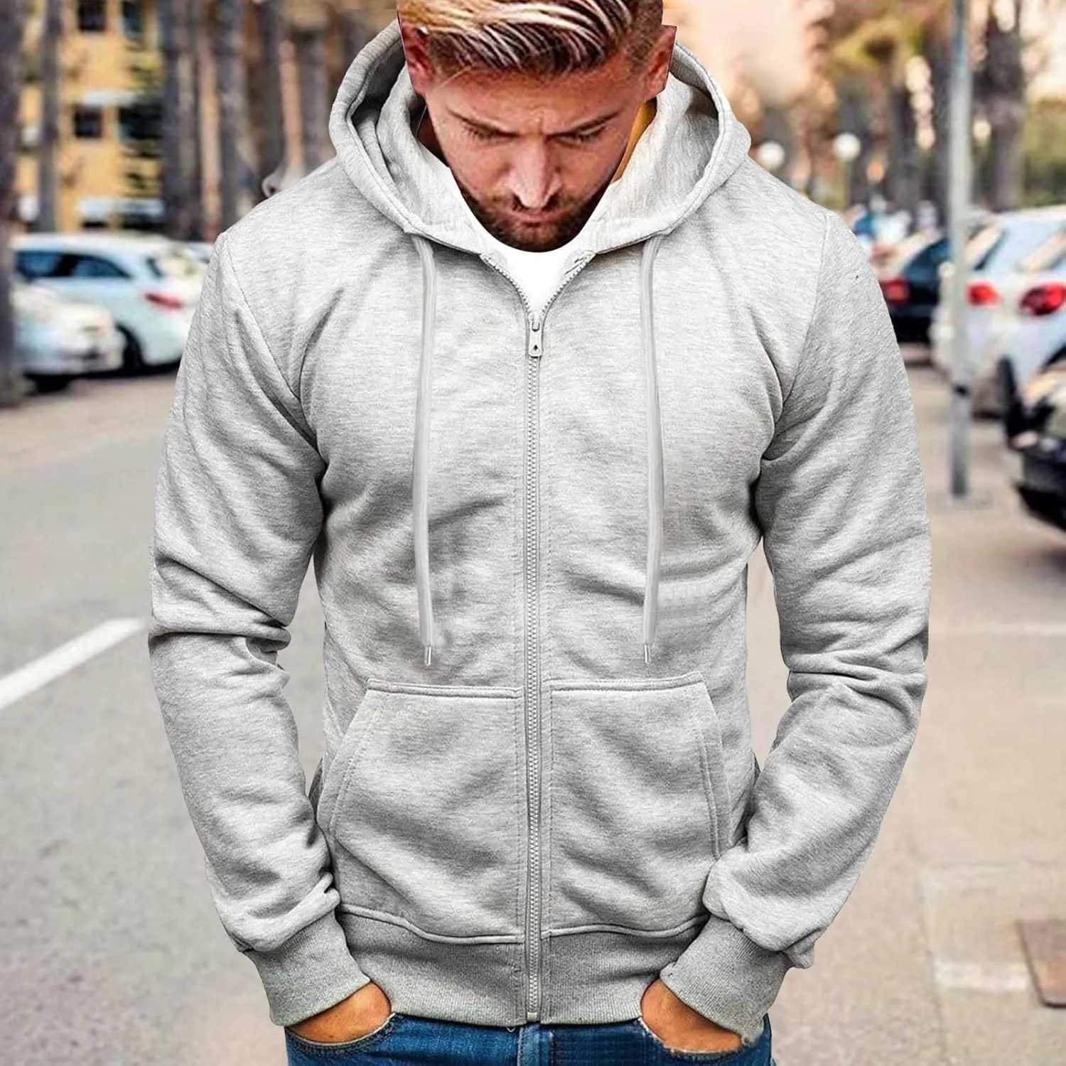 Mens Slim Fit Lightweight Zip Up Hoodie with Pockets Long Sleeve Full Zip Hooded Sweatshirt Drawstring Casual Hoodies