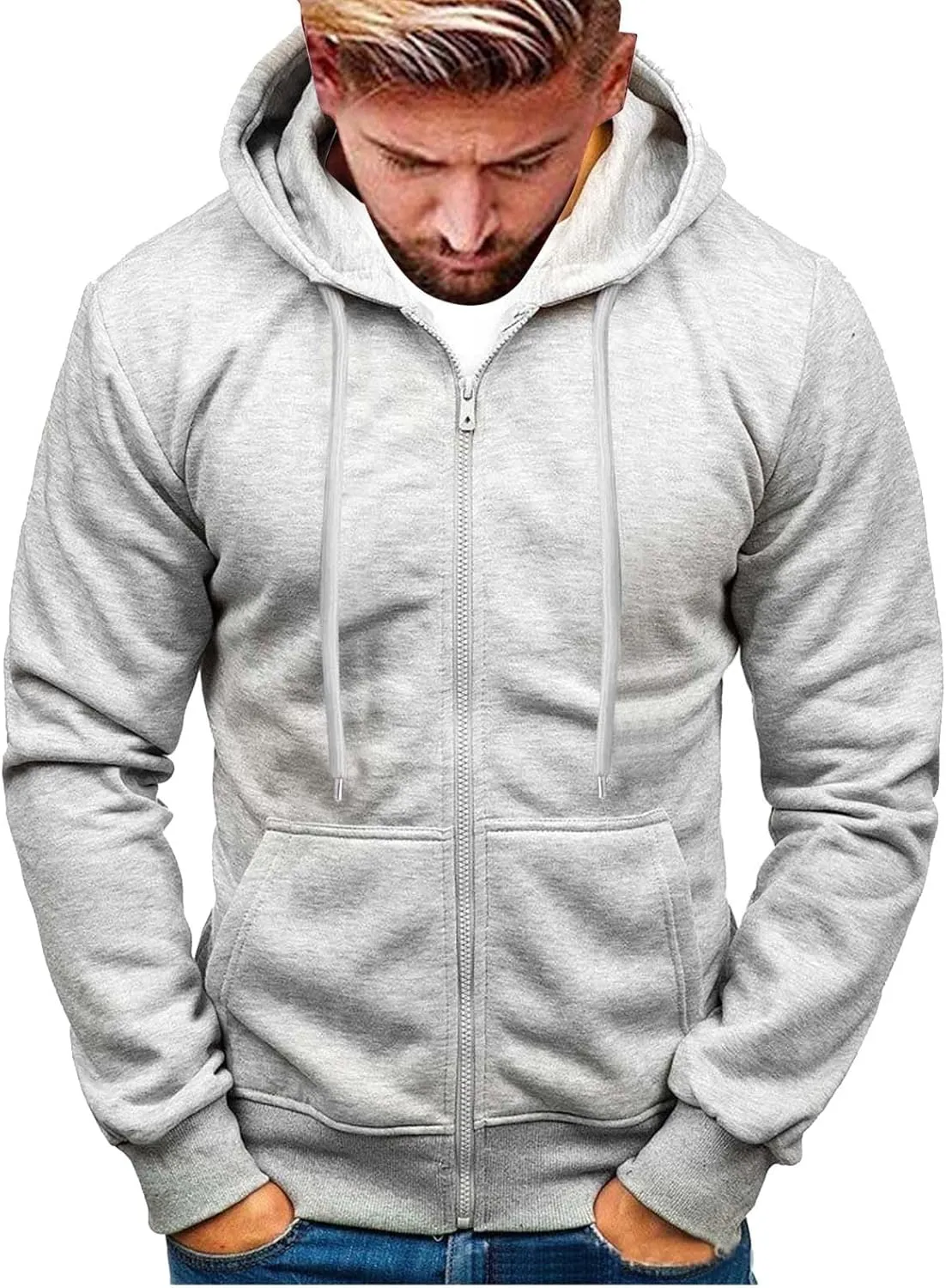 Mens Slim Fit Lightweight Zip Up Hoodie with Pockets Long Sleeve Full Zip Hooded Sweatshirt Drawstring Casual Hoodies