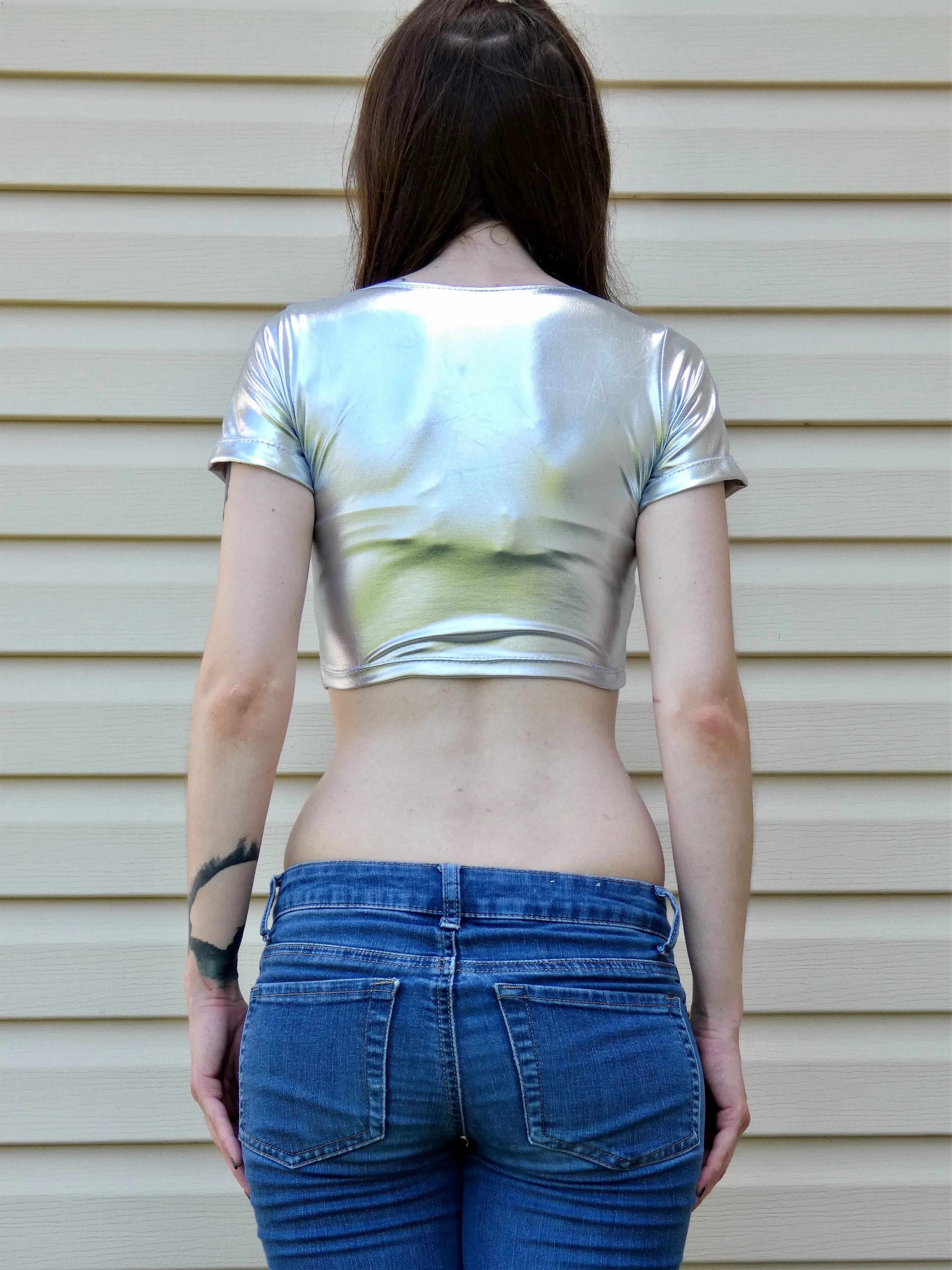 Metallic Silver Form-Fitting Short Sleeve Crop Top / Made in USA