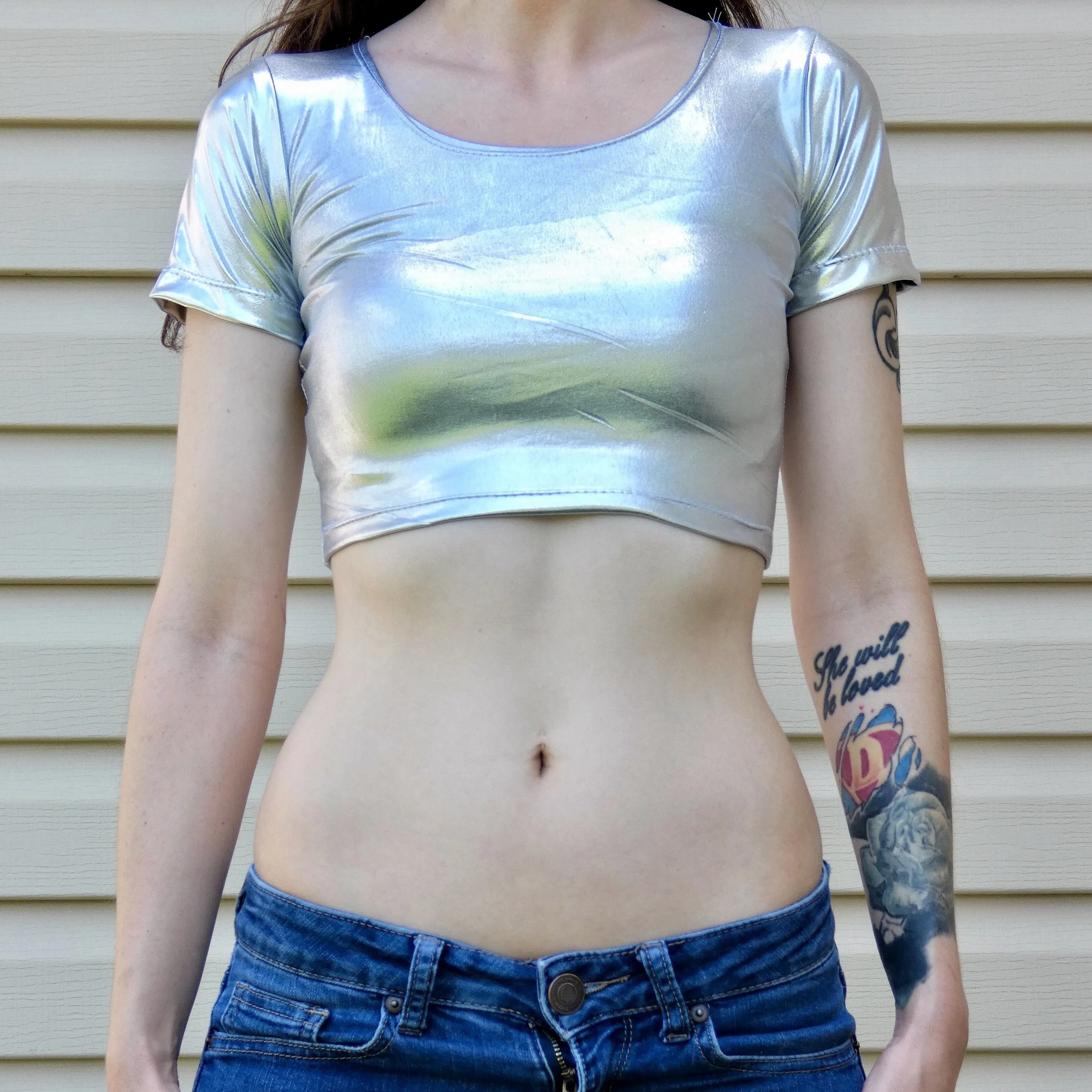 Metallic Silver Form-Fitting Short Sleeve Crop Top / Made in USA