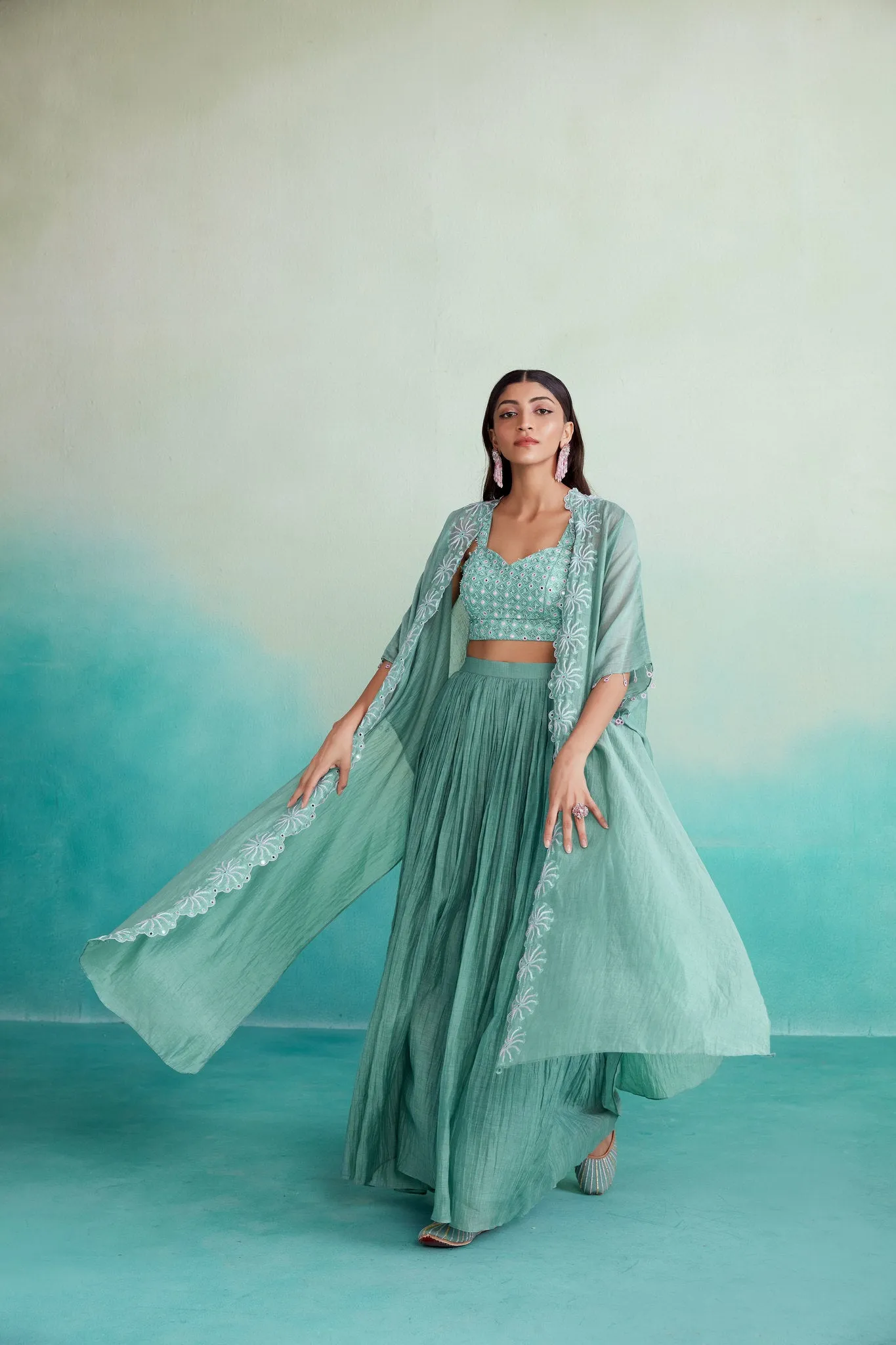 Mint Hand embroidered Jacket Crop top & Sharara set