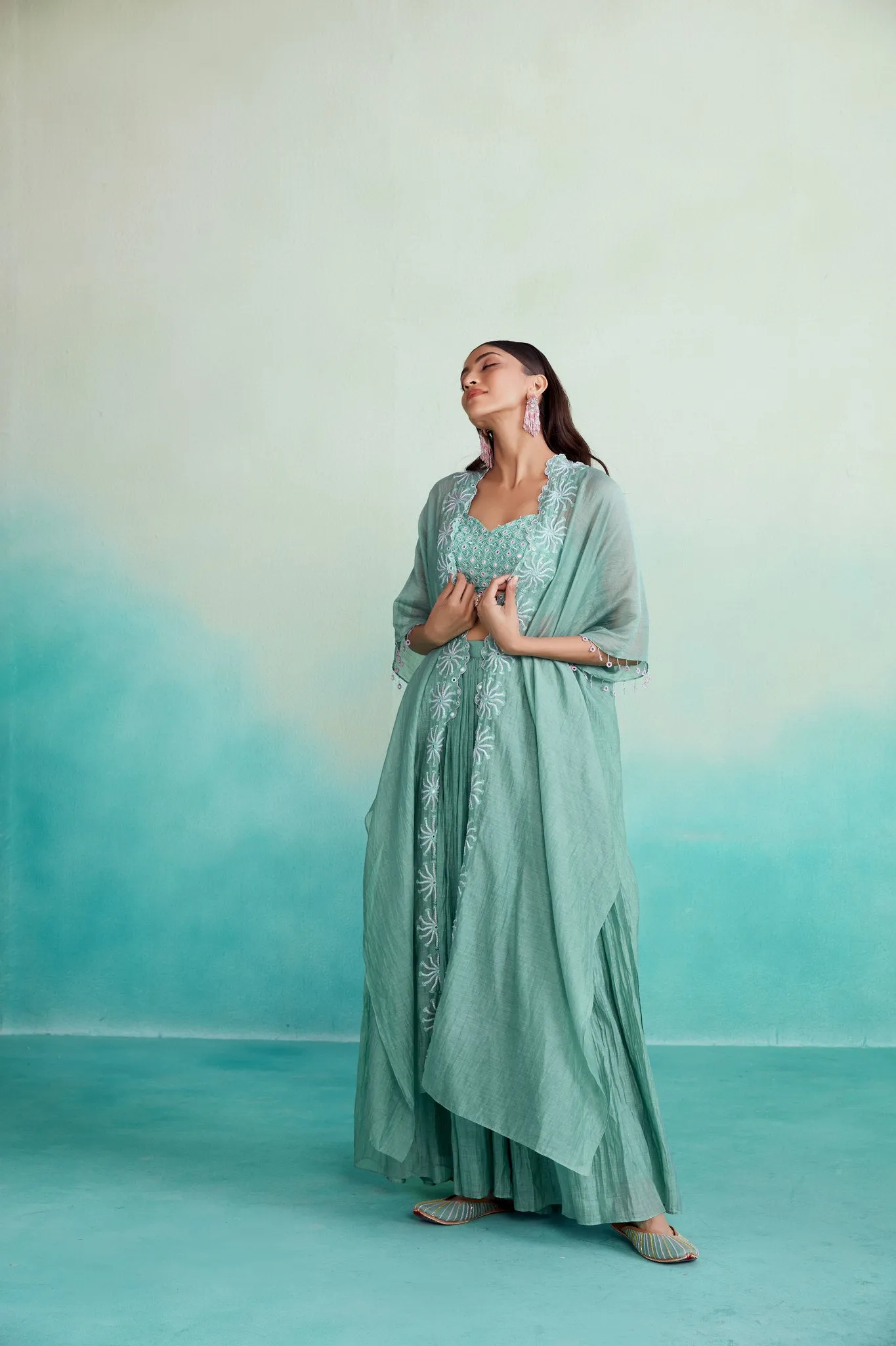 Mint Hand embroidered Jacket Crop top & Sharara set