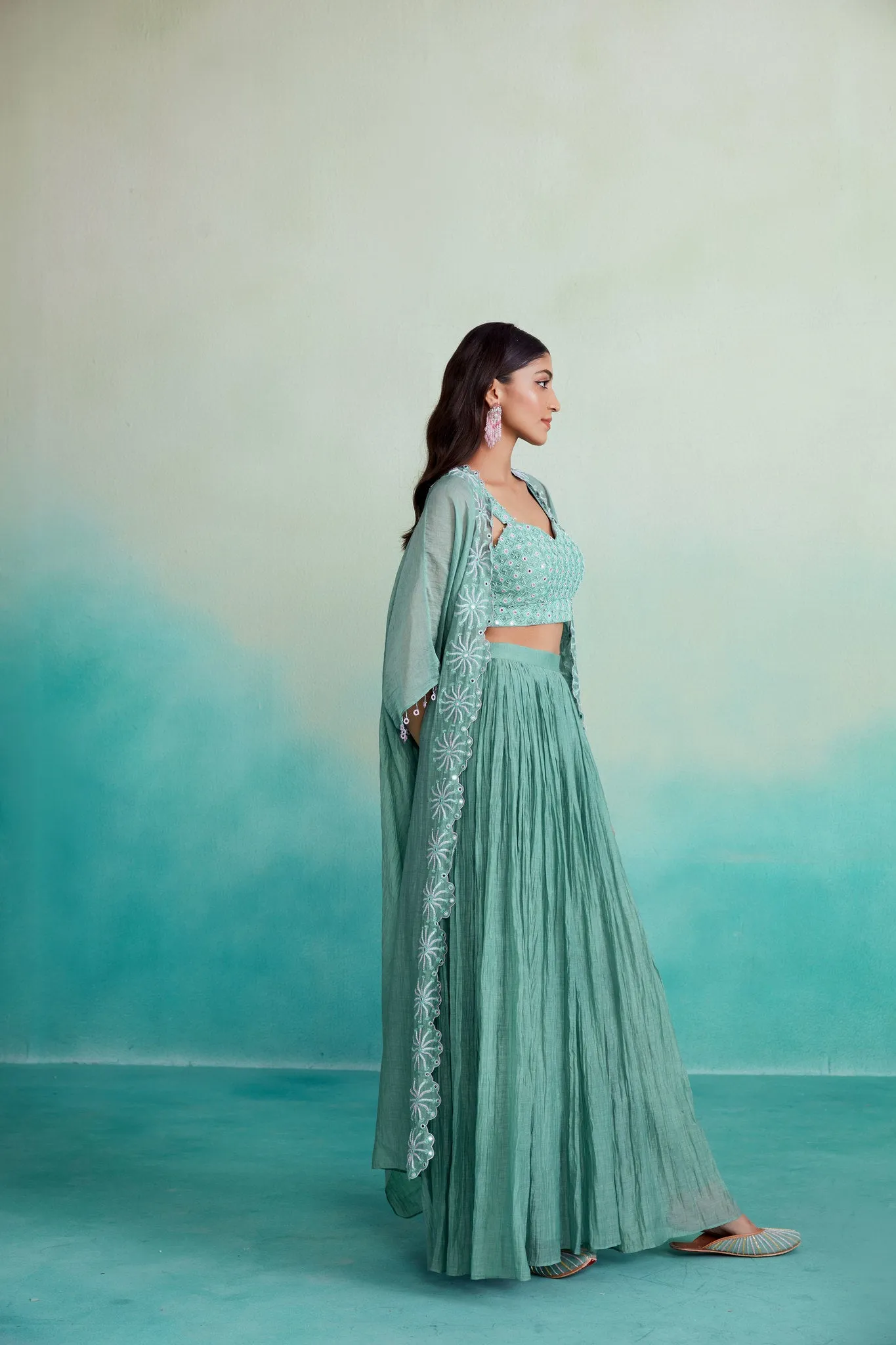 Mint Hand embroidered Jacket Crop top & Sharara set