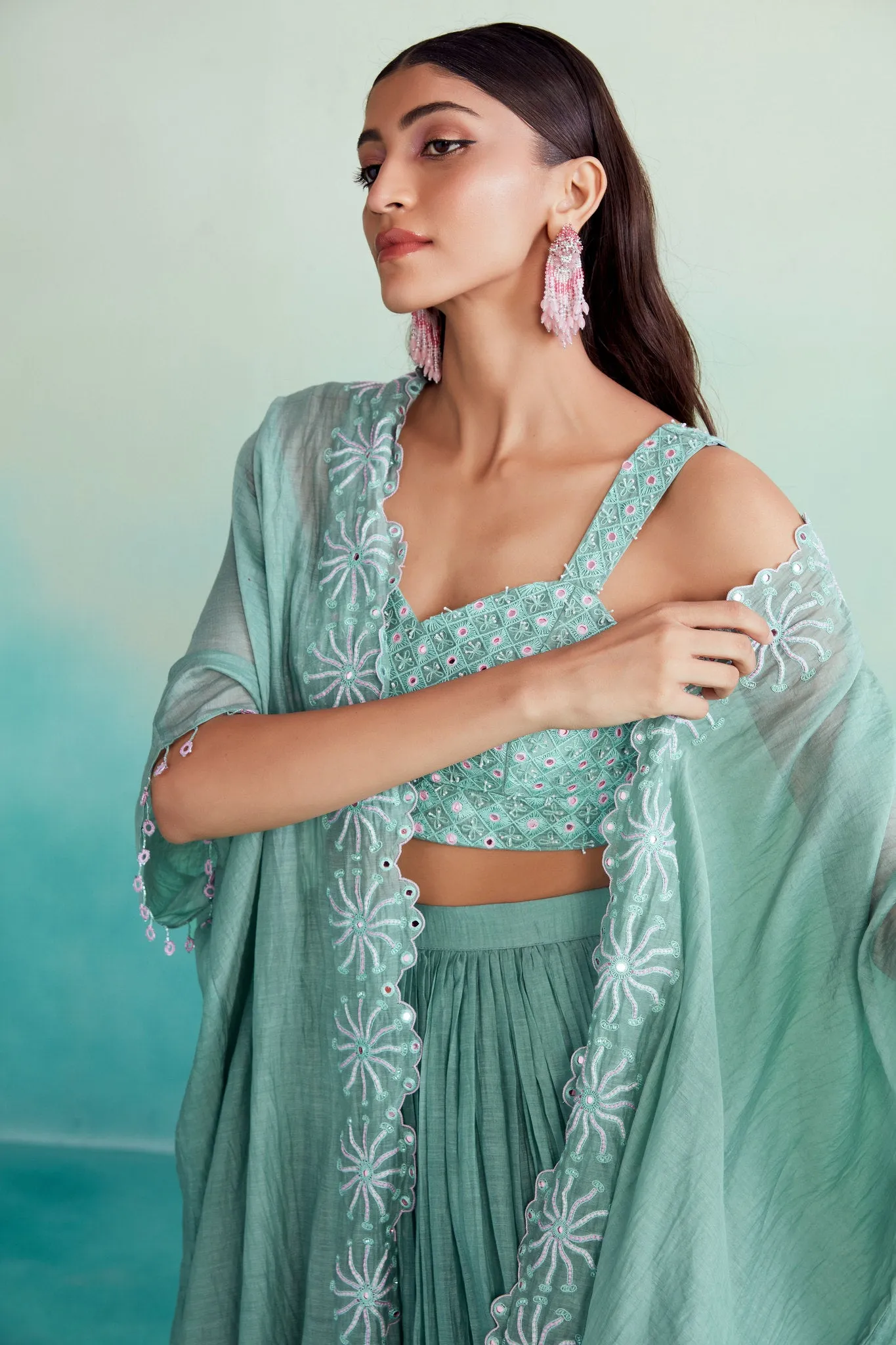 Mint Hand embroidered Jacket Crop top & Sharara set