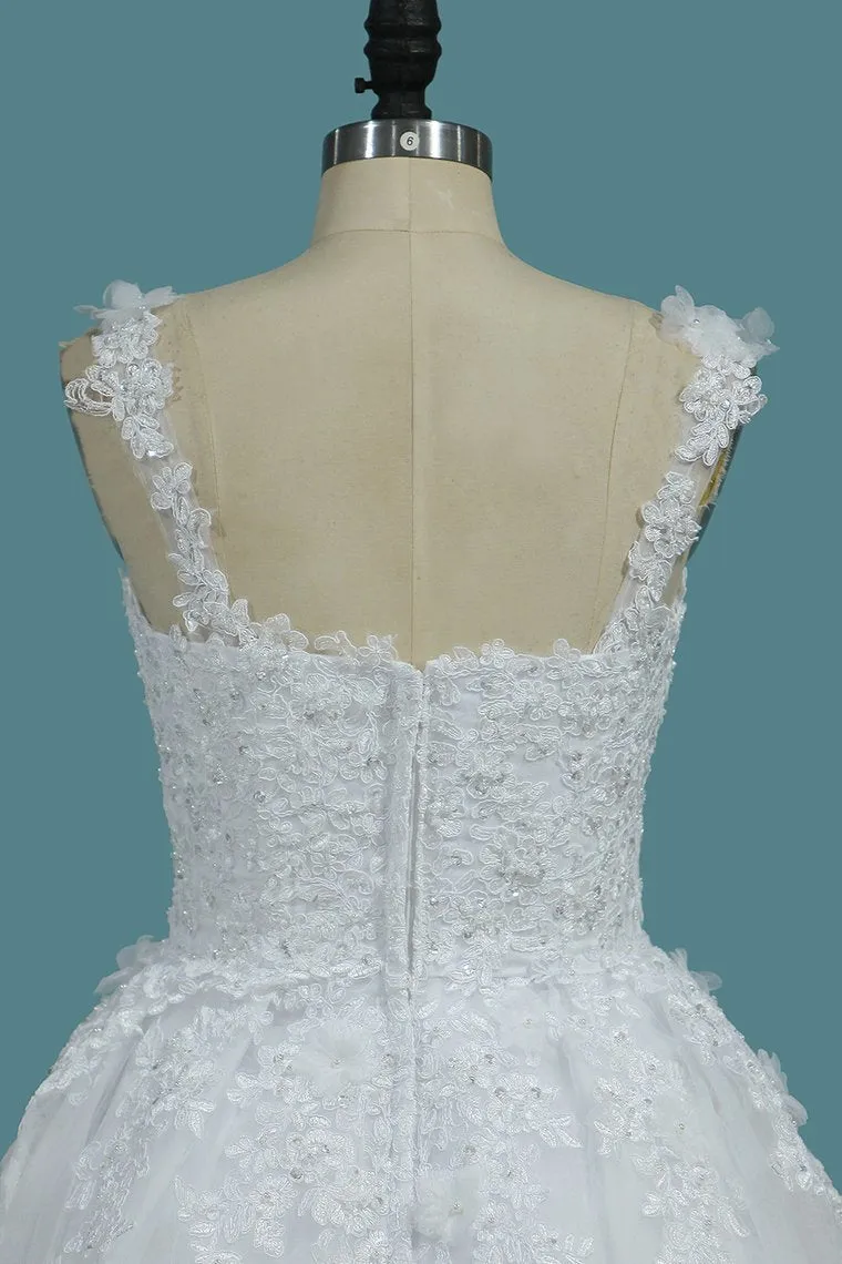 Off The Shoulder A Line Tulle Wedding Dresses With Applique Court Train
