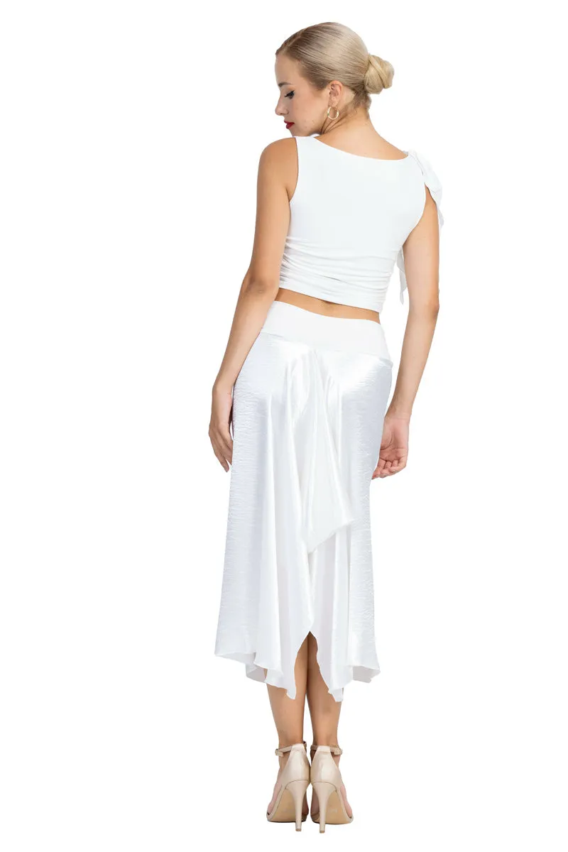 Off-White Shiny Satin Midi Skirt With Back Movement