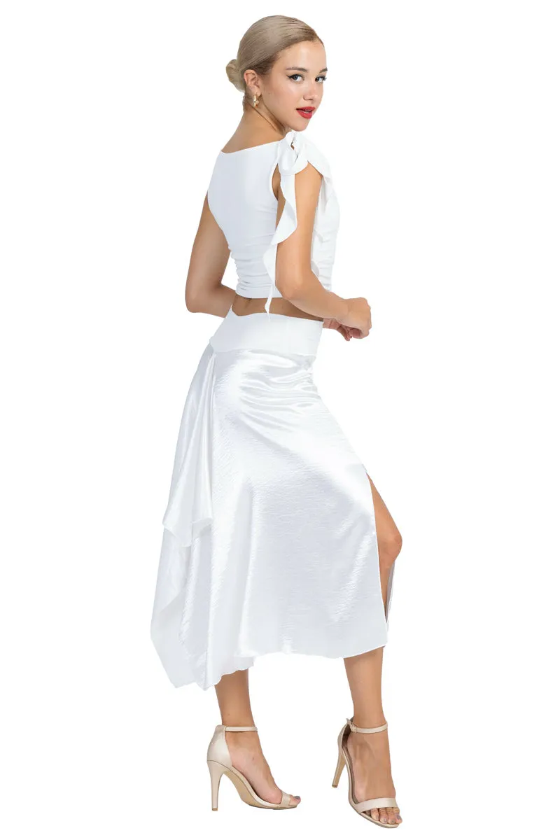 Off-White Shiny Satin Midi Skirt With Back Movement