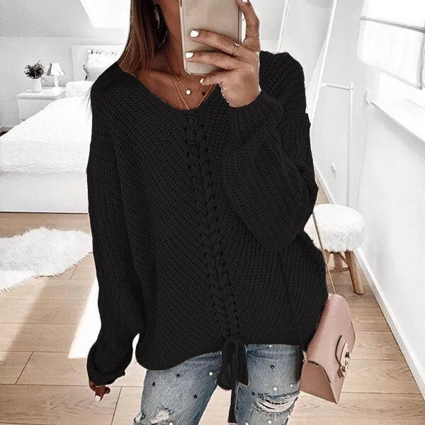 Oversized Lace-Up Dolman Sleeve Women Cozy Sweather