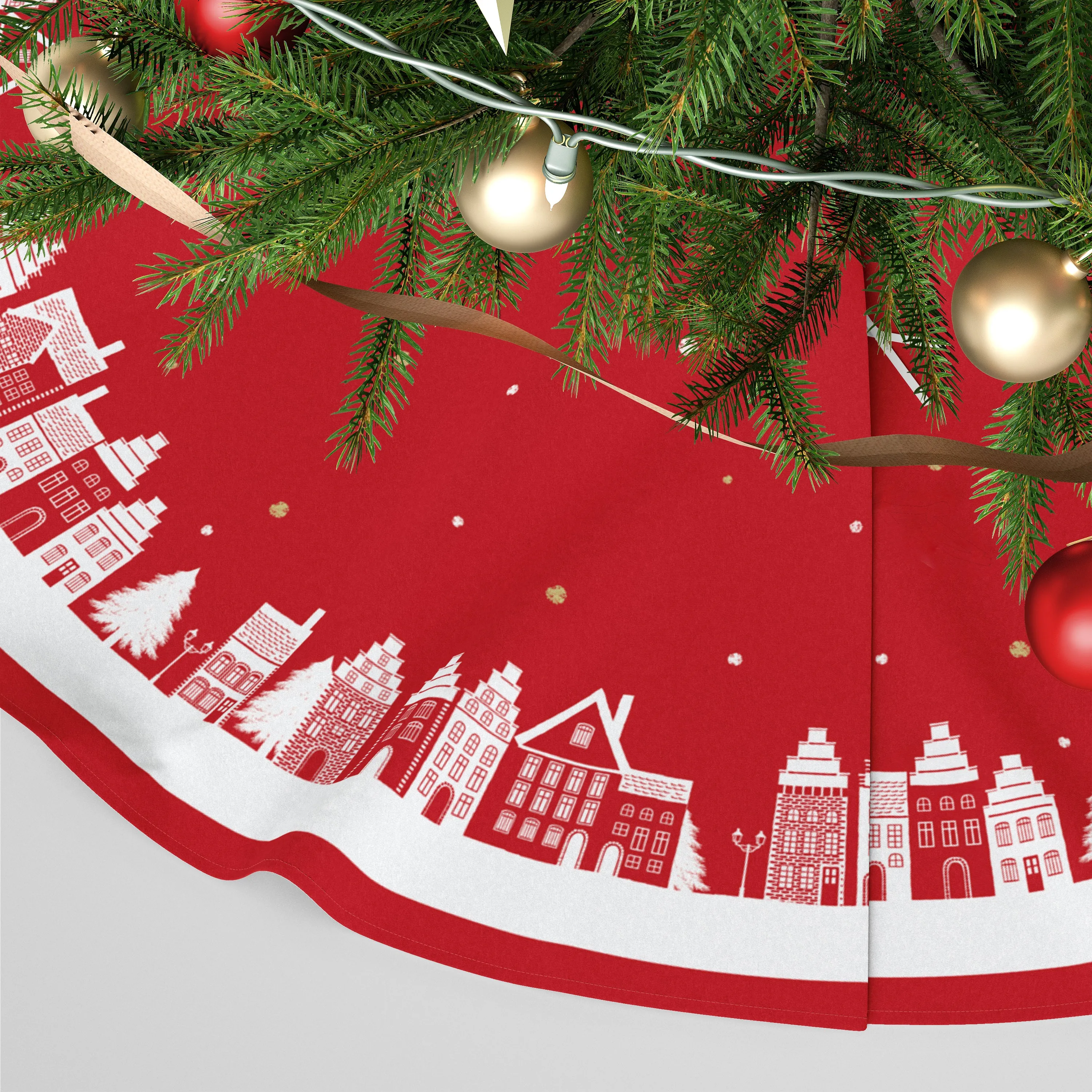 Personalised Christmas Tree Skirt - Santa's Skyline Bright Red Winter Village Scene