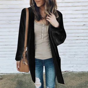 Pocket Fluffy Cardigan Long Sleeved Sweater