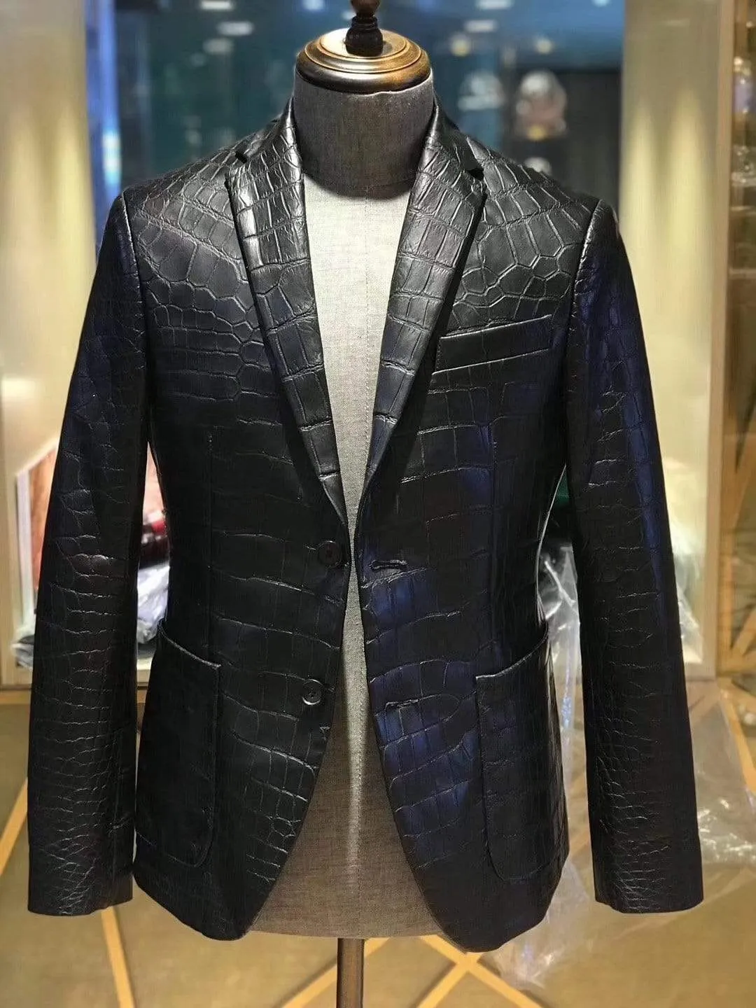 Preorder Nubuck Crocodile Skin  Leather Blazer  Brown & Grey