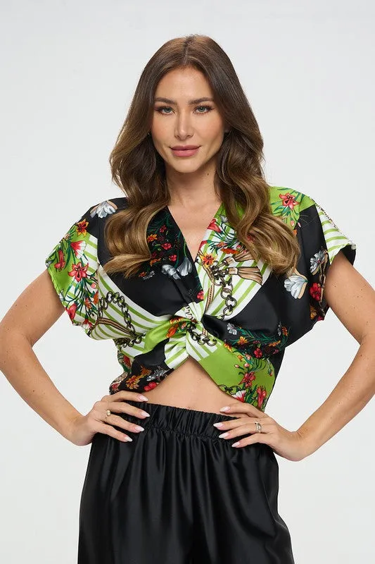 RENEE C. Print Satin Short Sleeve Top with Front Twist