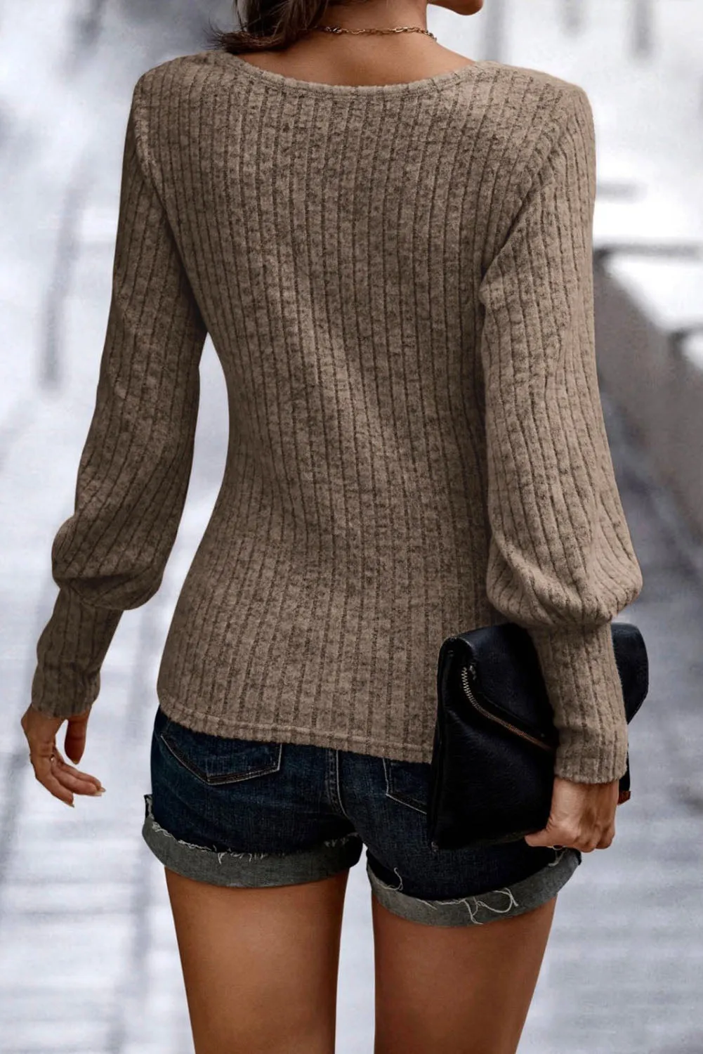 Ribbed Bishop Sleeve Round Neck Top