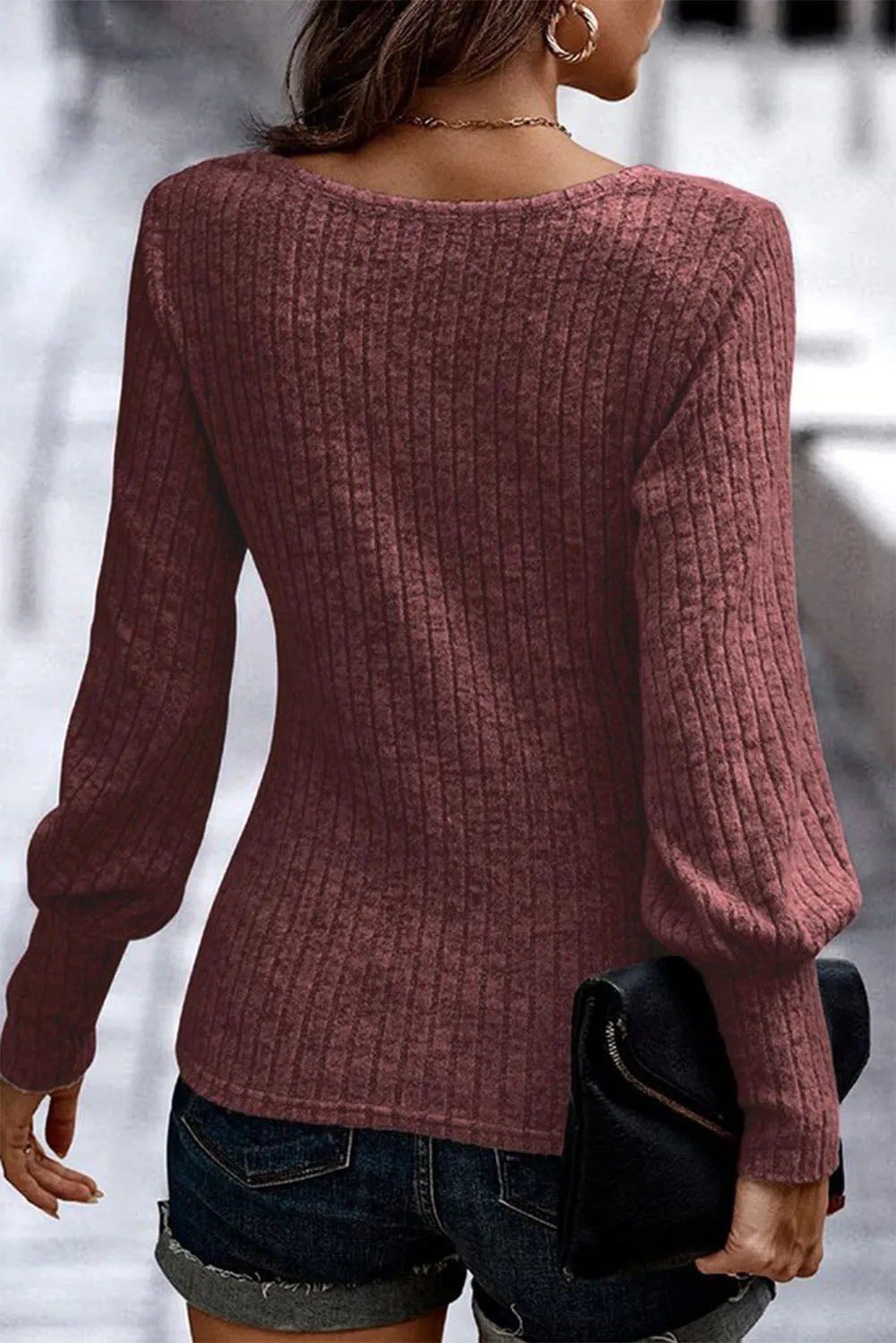 Ribbed Bishop Sleeve Round Neck Top