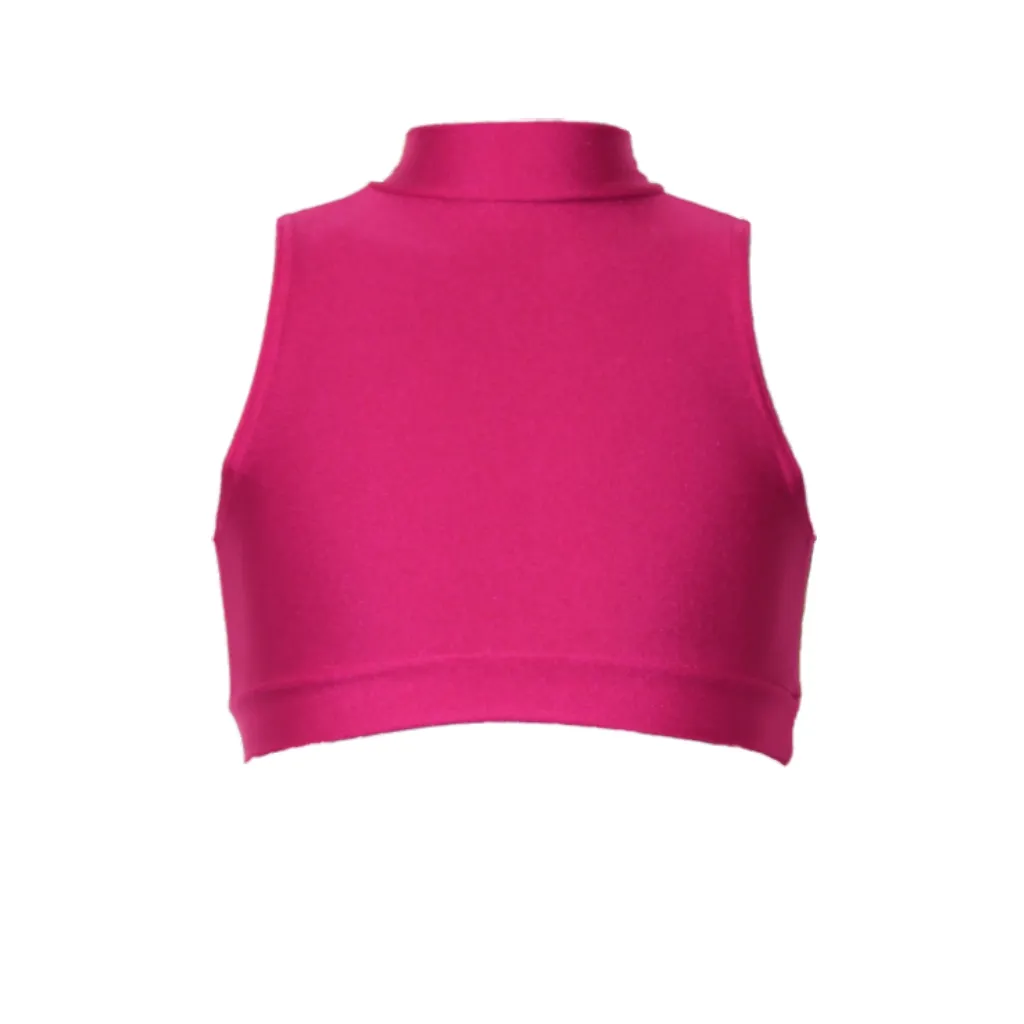 SALE - ROSIE - LYCRA SLEEVELESS POLO NECK CROP TOP - CERISE