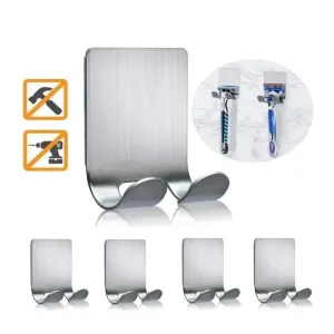 (Set of 5) Self-adhesive stainless steel wall brackets for razor / jacket / keys / cooking utensils - silver