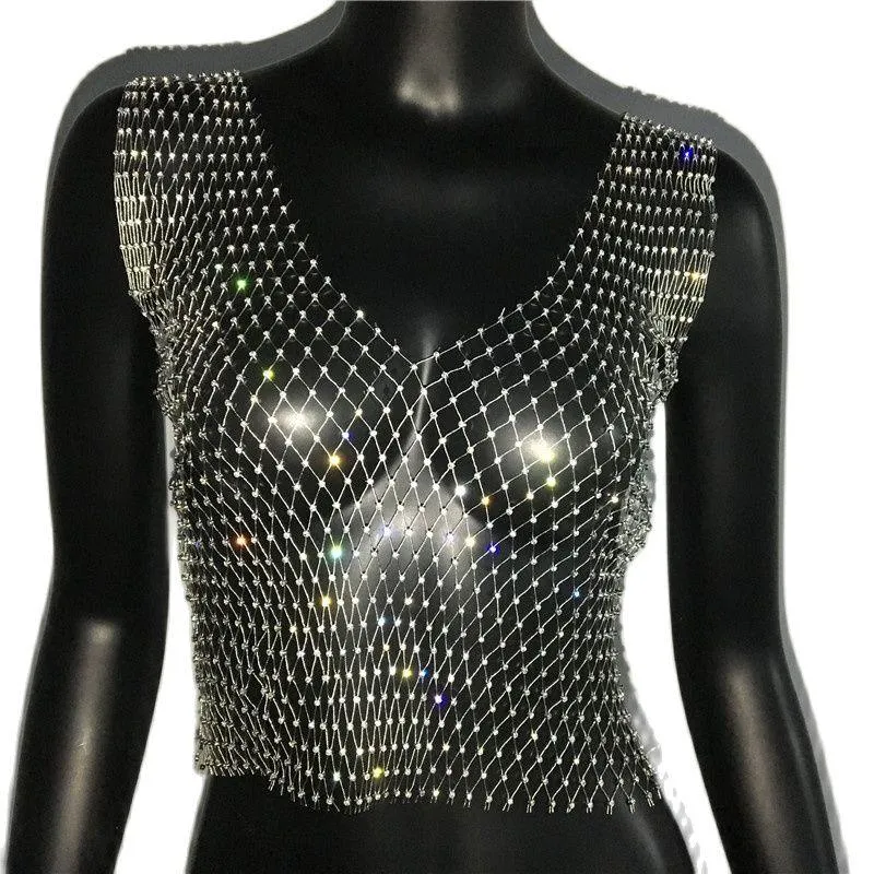 Shiny Rhinestone Mesh Tank Top