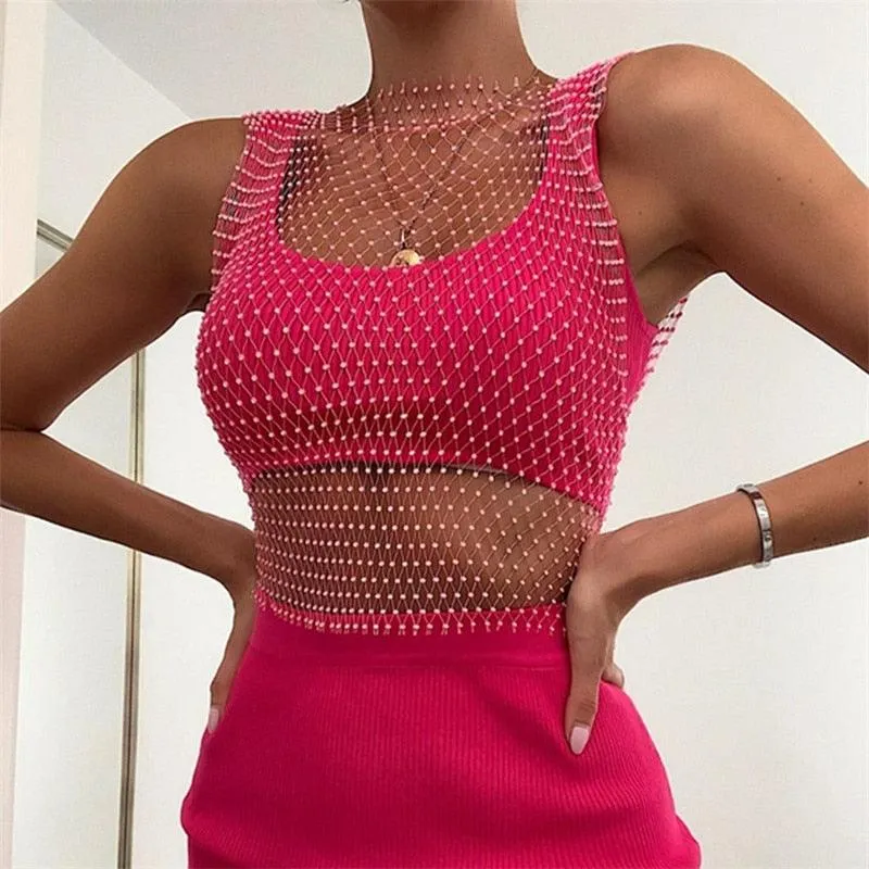 Shiny Rhinestone Mesh Tank Top