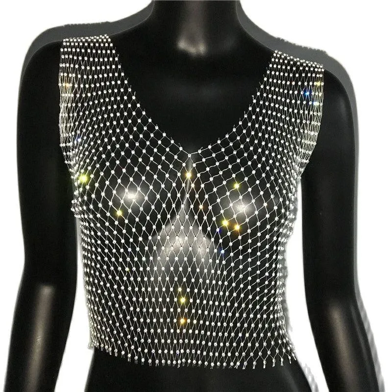 Shiny Rhinestone Mesh Tank Top