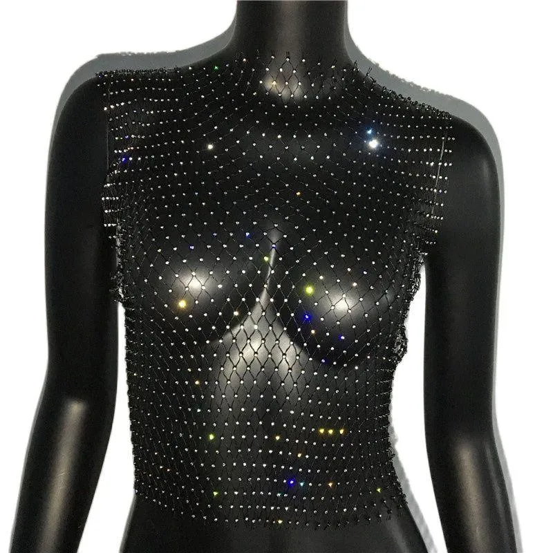 Shiny Rhinestone Mesh Tank Top
