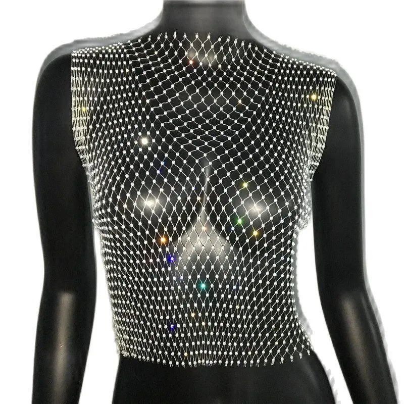 Shiny Rhinestone Mesh Tank Top