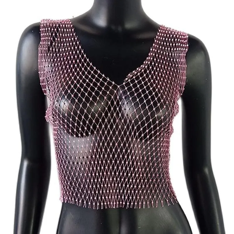 Shiny Rhinestone Mesh Tank Top