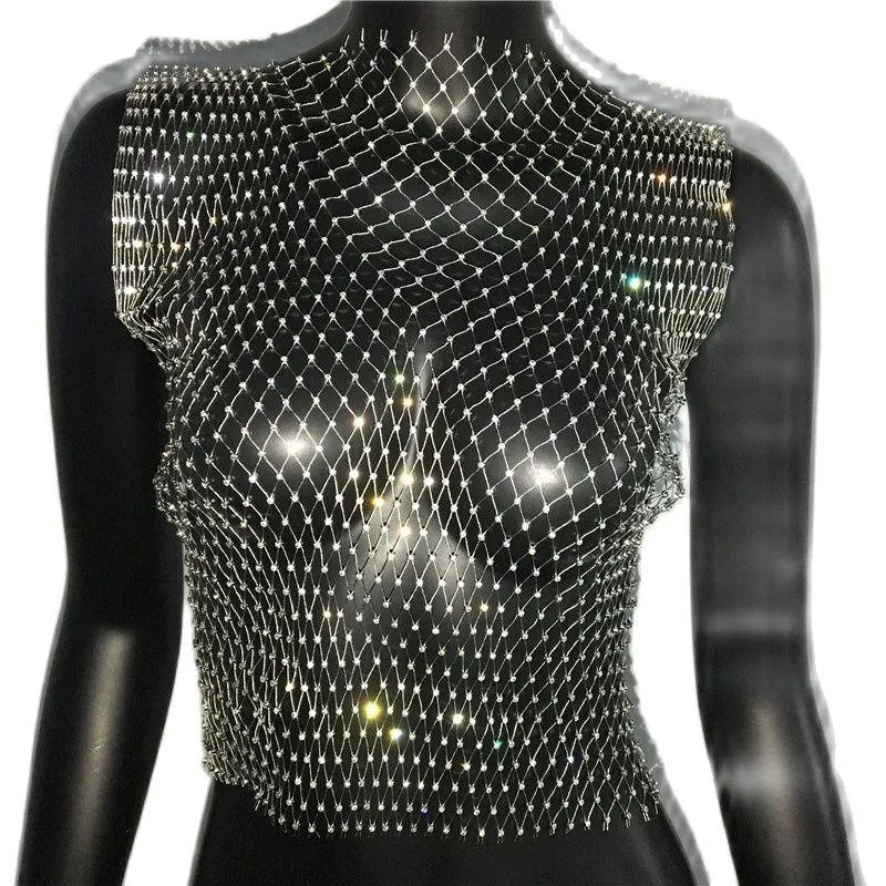 Shiny Rhinestone Mesh Tank Top