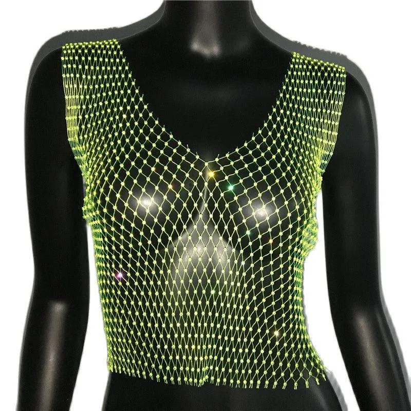 Shiny Rhinestone Mesh Tank Top