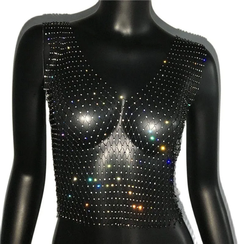 Shiny Rhinestone Mesh Tank Top