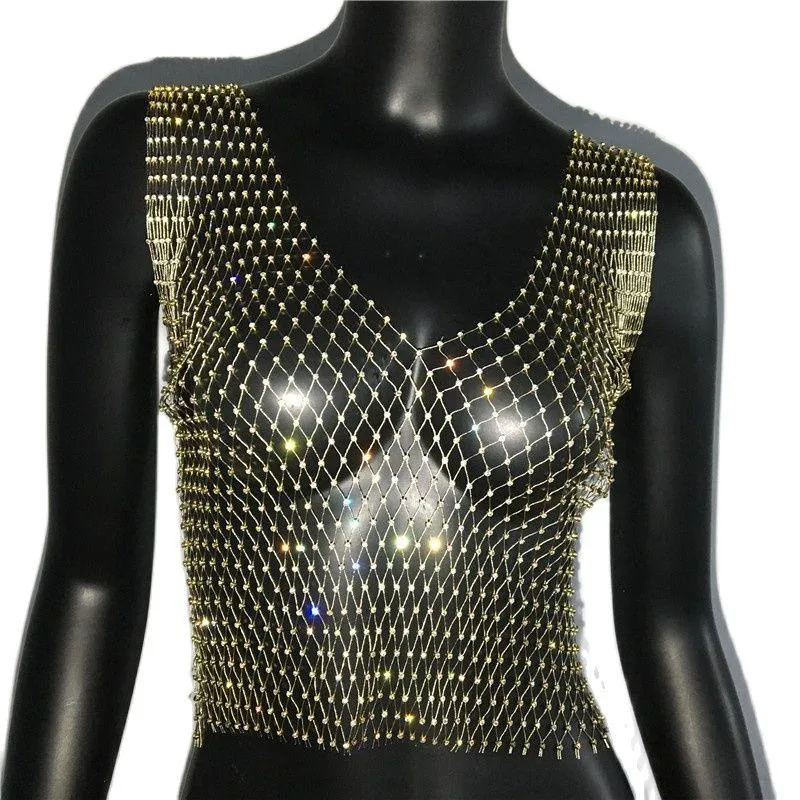 Shiny Rhinestone Mesh Tank Top