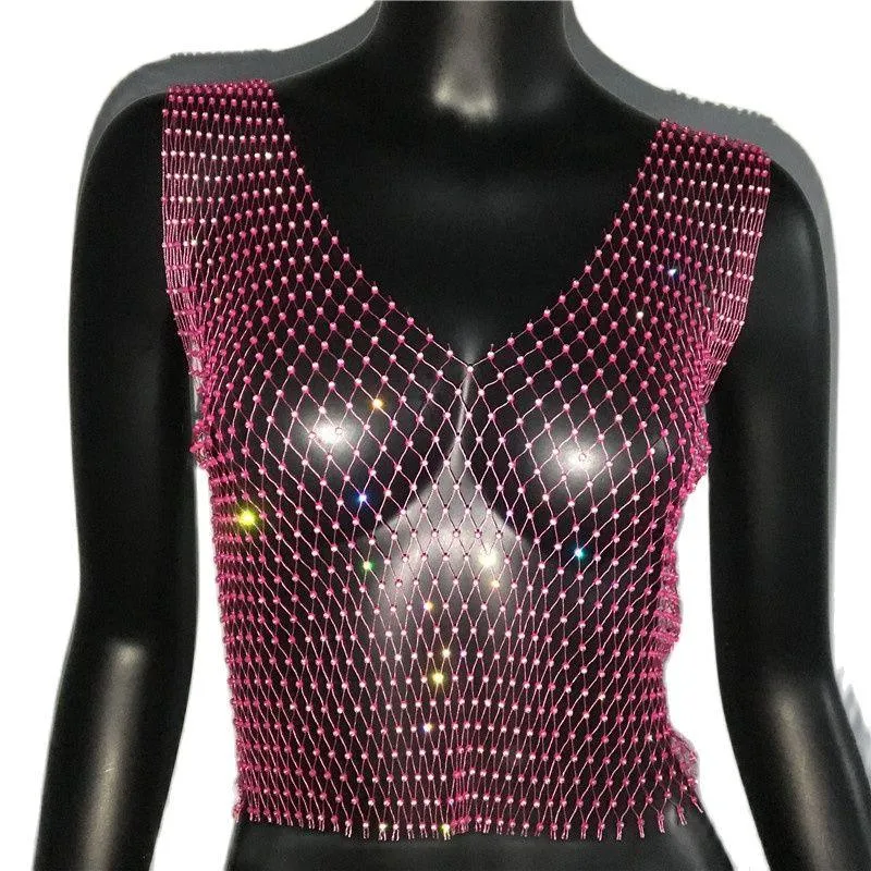 Shiny Rhinestone Mesh Tank Top