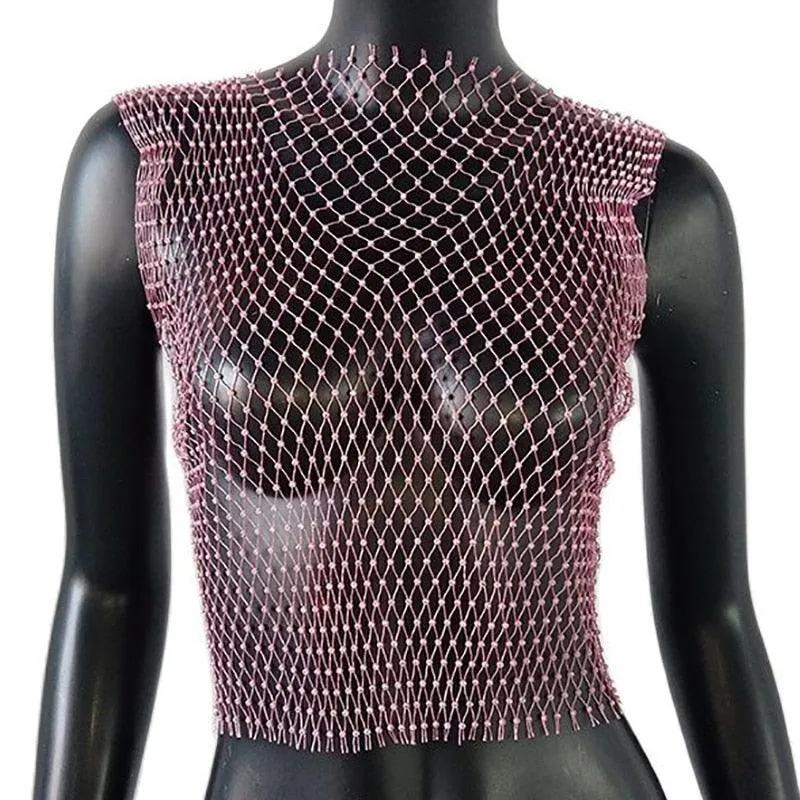 Shiny Rhinestone Mesh Tank Top