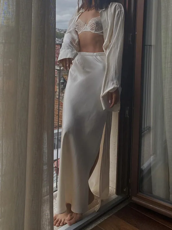 Solid Color Split-Side High Waisted Loose Skirts Bottoms