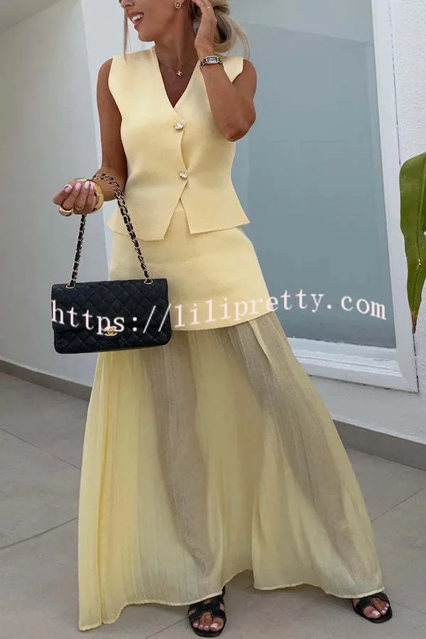 Stylish and Elegant Knit Spliced Tulle Elastic Waist Pleated Maxi Skirt