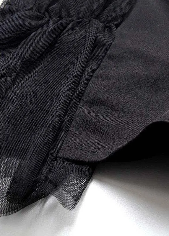 Stylish Black PatchworkTulle asymmetrical design Wide Leghot Pants Trousers