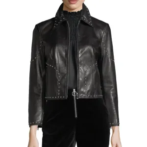 Stylish Studded Cropped Front Zip Women's Lambskin Leather Biker Jacket