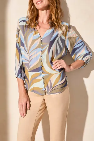Tribal Top - Leaf Print Blouse - Green Moss