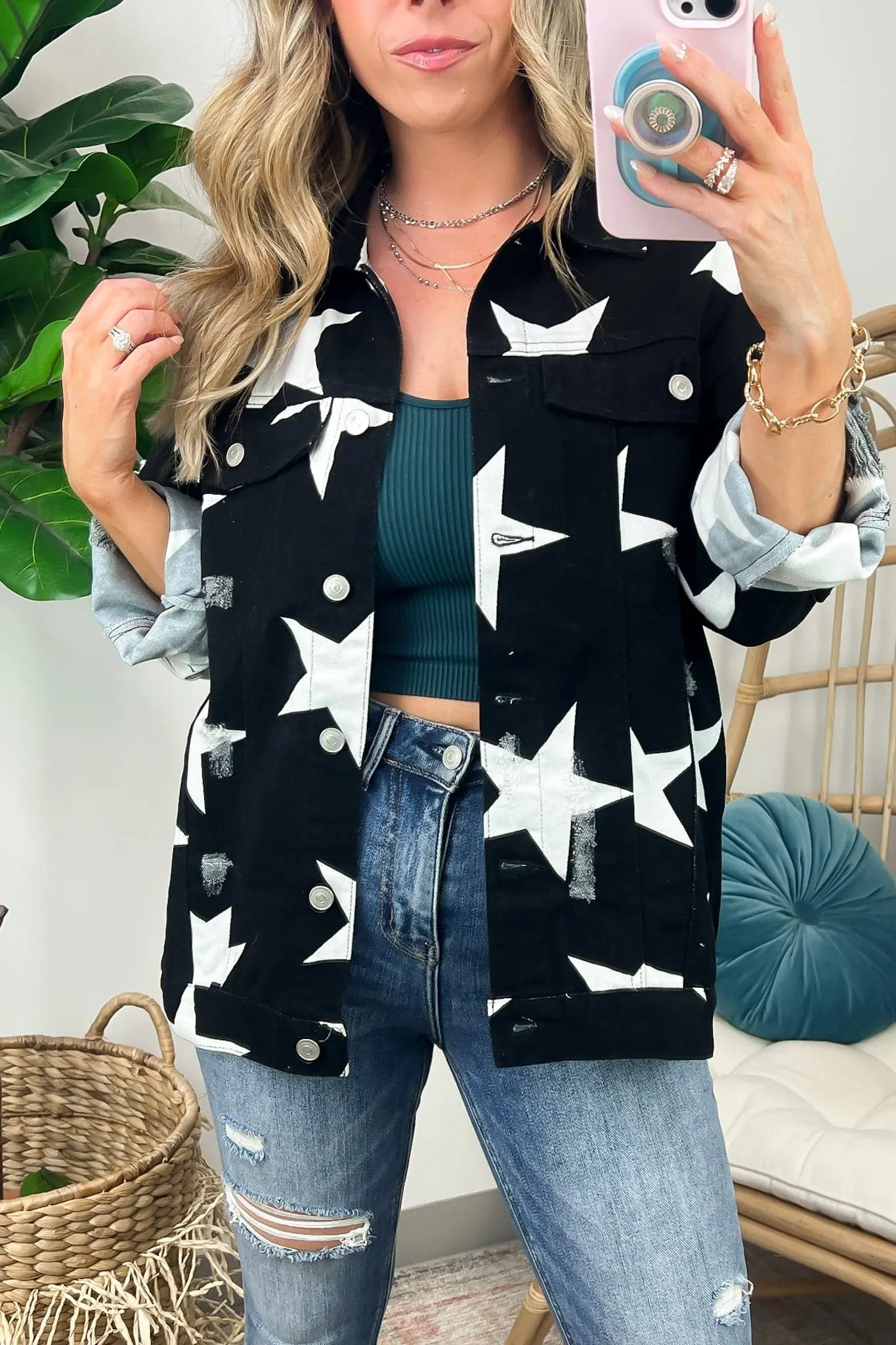 Twinkle Twinkle Star Print Distressed Denim Jacket - FINAL SALE
