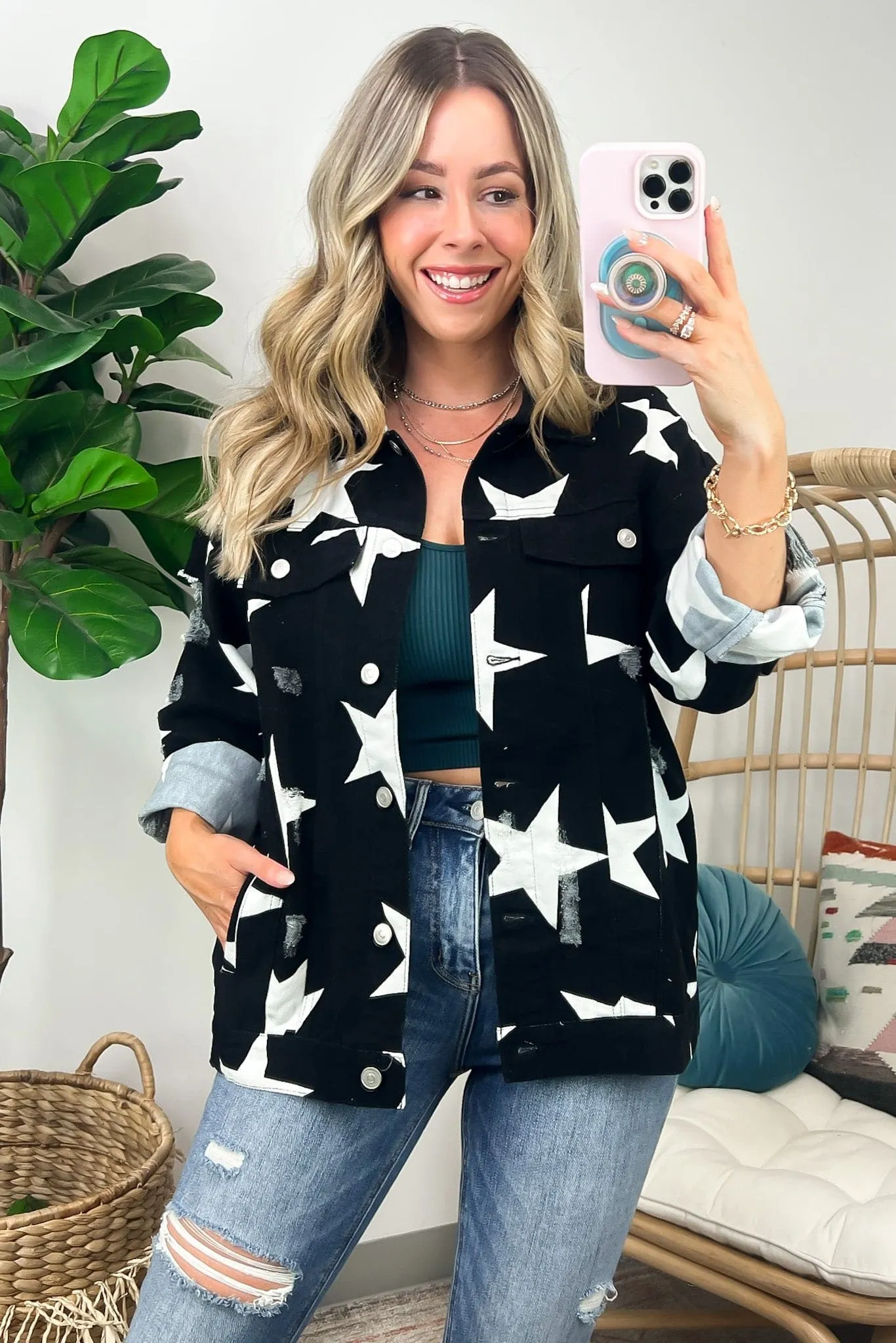 Twinkle Twinkle Star Print Distressed Denim Jacket - FINAL SALE