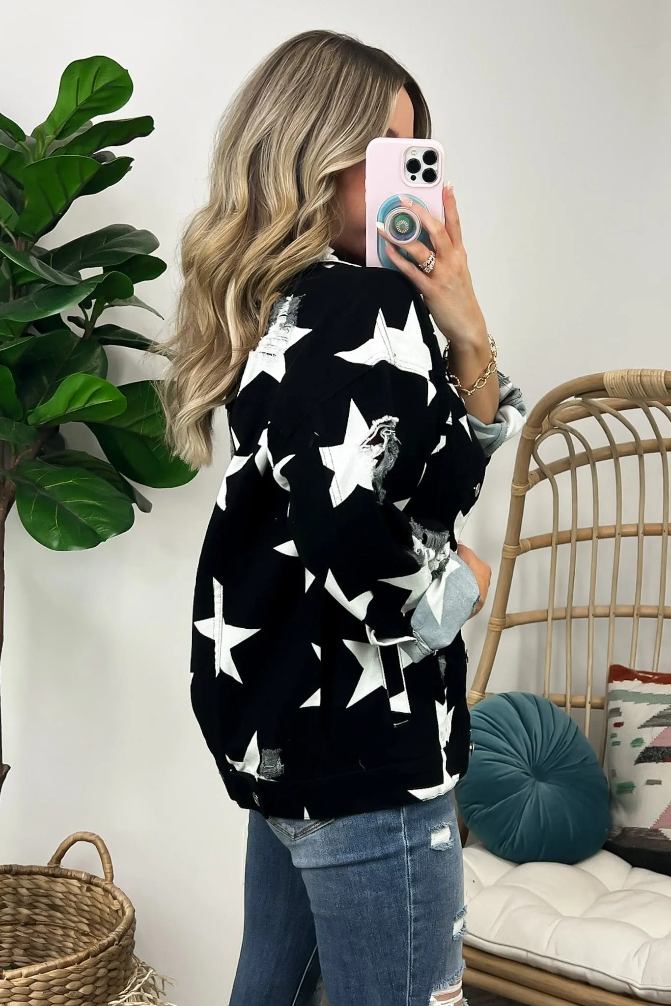 Twinkle Twinkle Star Print Distressed Denim Jacket - FINAL SALE
