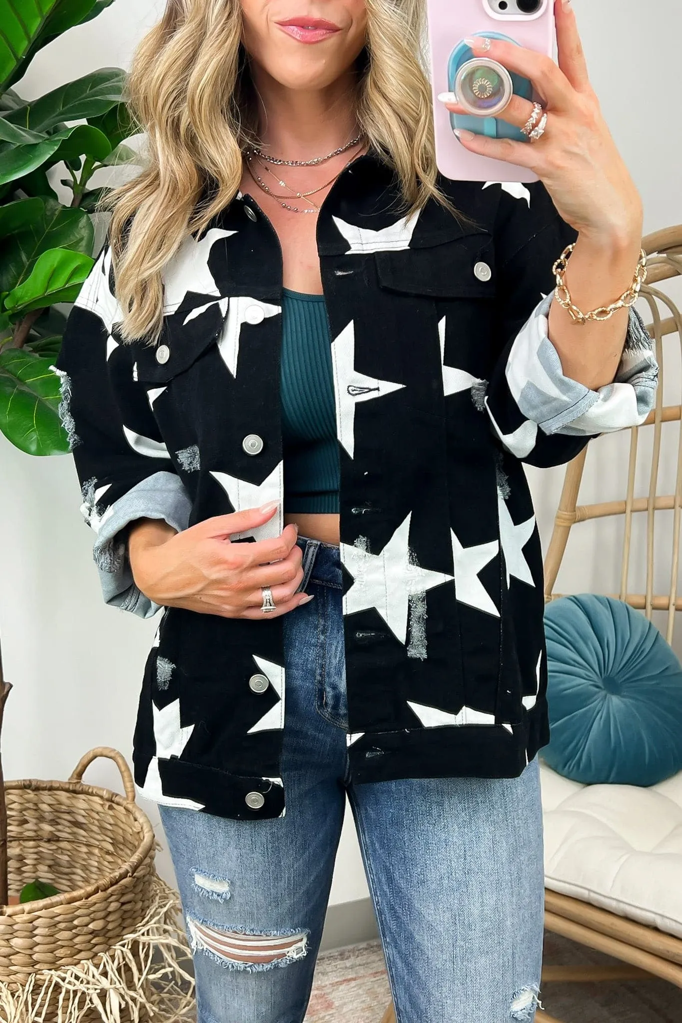 Twinkle Twinkle Star Print Distressed Denim Jacket - FINAL SALE