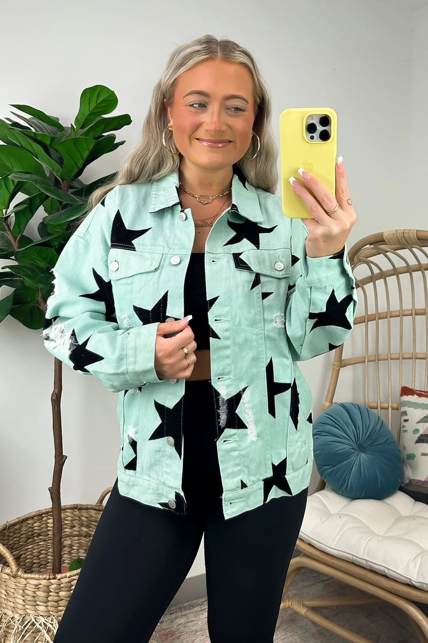 Twinkle Twinkle Star Print Distressed Denim Jacket - FINAL SALE