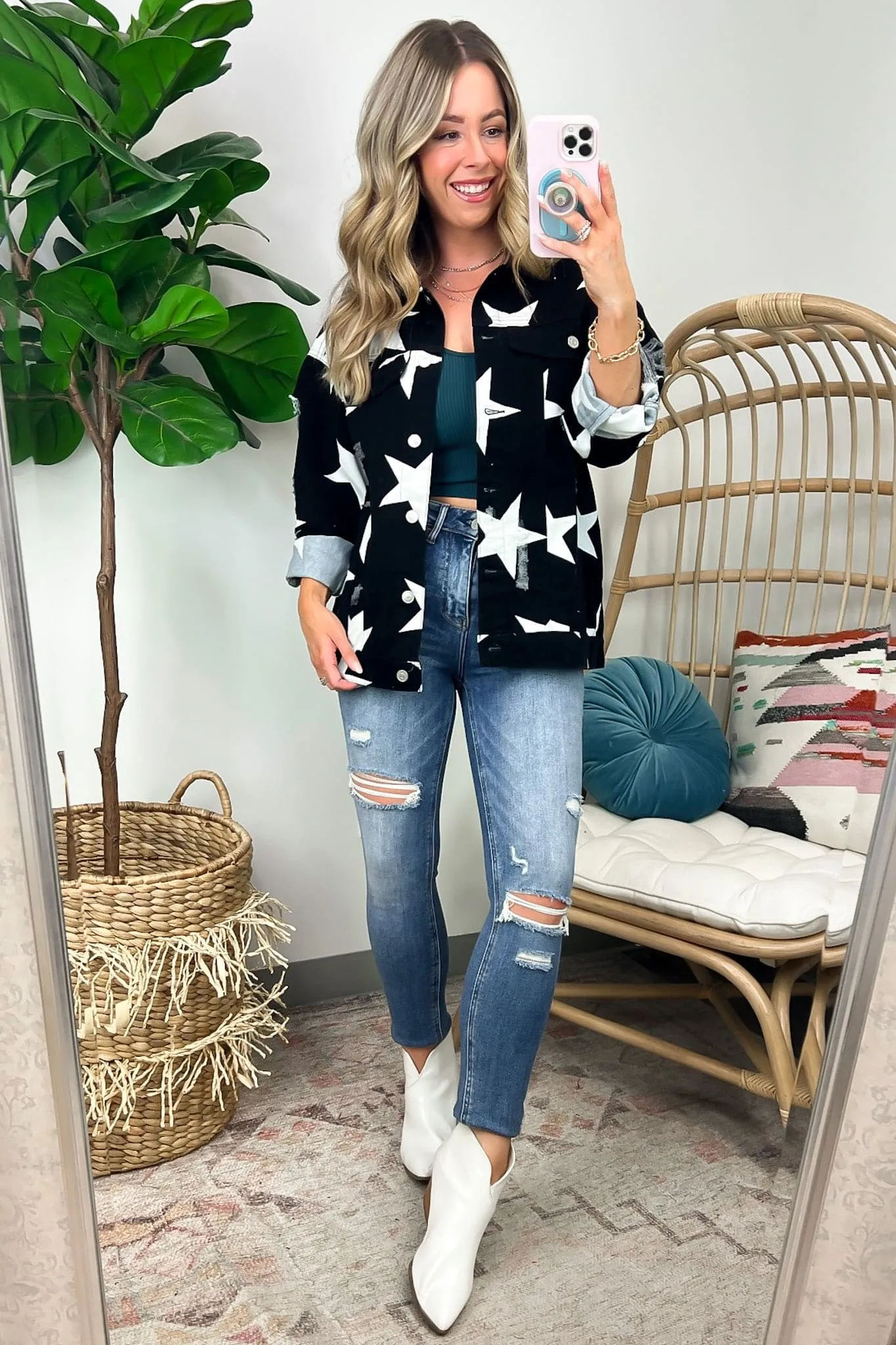 Twinkle Twinkle Star Print Distressed Denim Jacket - FINAL SALE