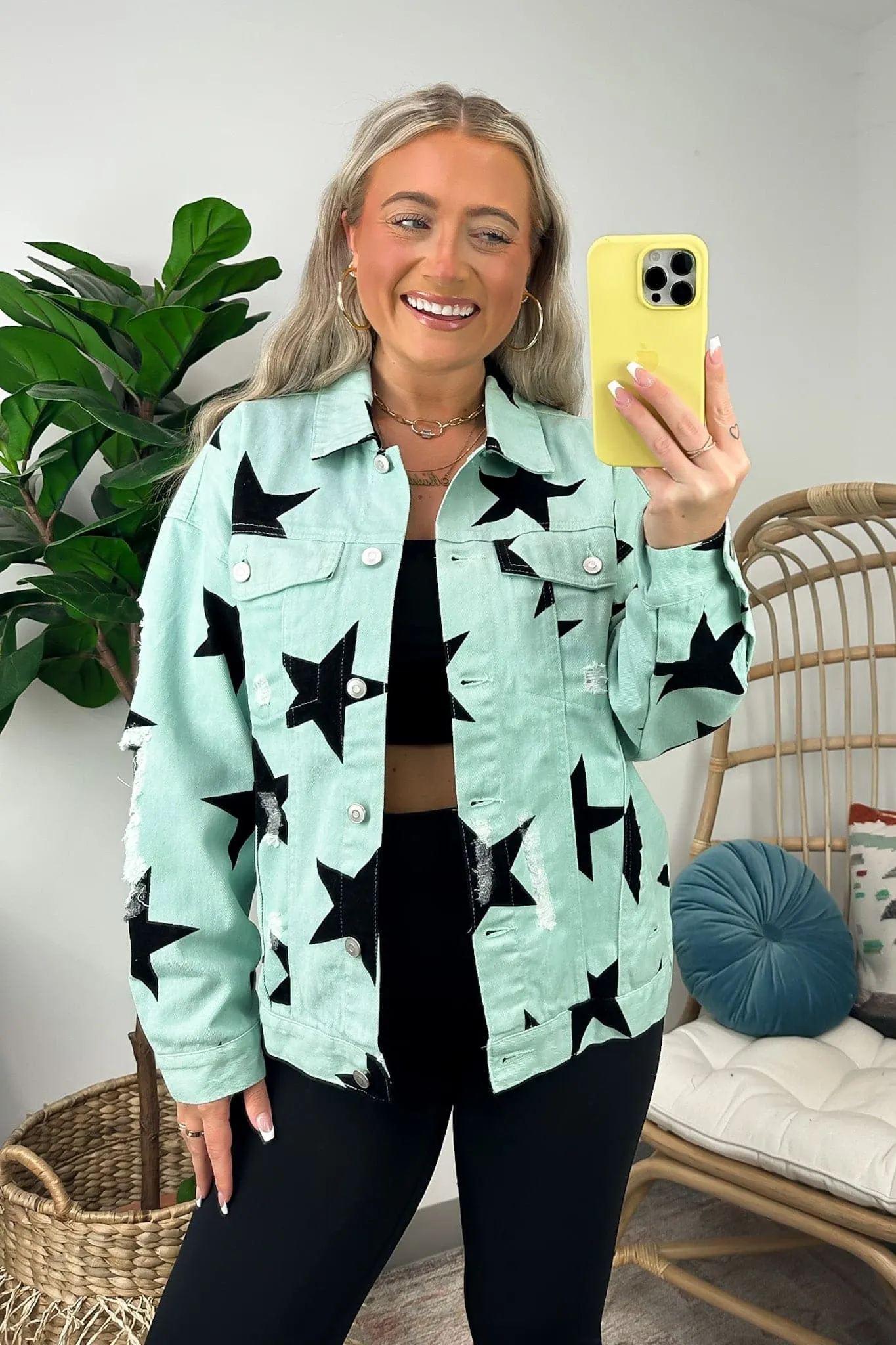 Twinkle Twinkle Star Print Distressed Denim Jacket - FINAL SALE